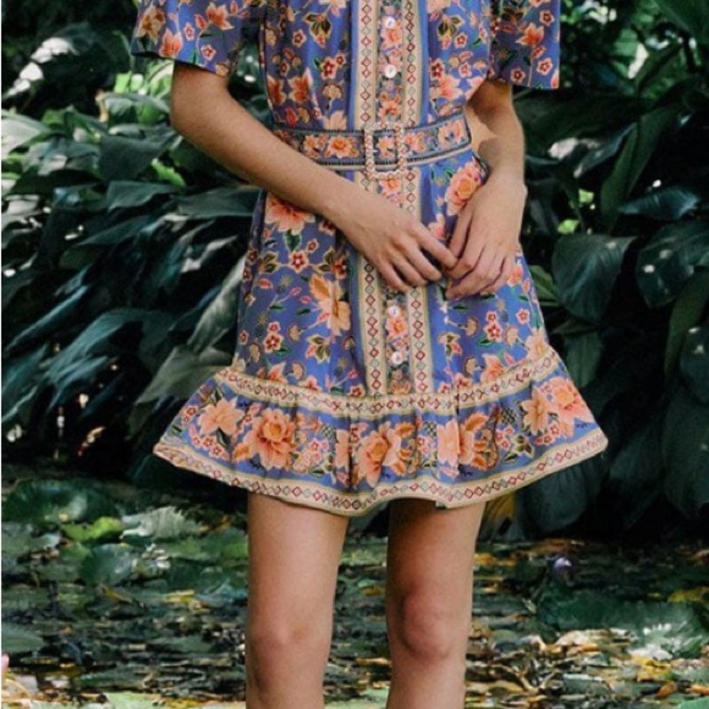 FARM Rio Blue Floral Belted Ruffle Hem Mini Dress
